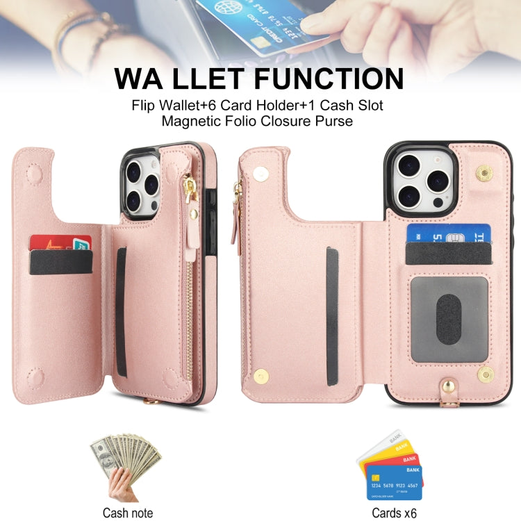 For iPhone 16 Pro Double Flap Zipper RFID Leather Phone Case with Short Lanyard(Rose Gold) - iPhone 16 Pro Cases by buy2fix | Online Shopping UK | buy2fix