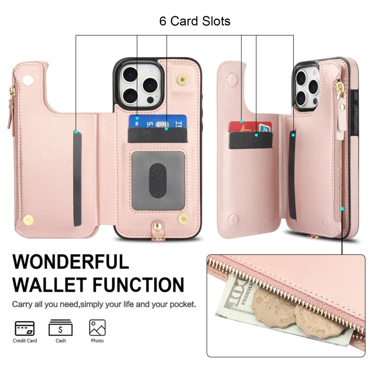For iPhone 16 Pro Double Flap Zipper RFID Leather Phone Case with Short Lanyard(Rose Gold) - iPhone 16 Pro Cases by buy2fix | Online Shopping UK | buy2fix