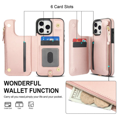 For iPhone 16 Pro Double Flap Zipper RFID Leather Phone Case with Short Lanyard(Rose Gold) - iPhone 16 Pro Cases by buy2fix | Online Shopping UK | buy2fix