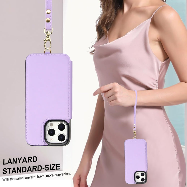 For iPhone 16 Pro Double Flap Zipper RFID Leather Phone Case with Short Lanyard(Light Purple) - iPhone 16 Pro Cases by buy2fix | Online Shopping UK | buy2fix