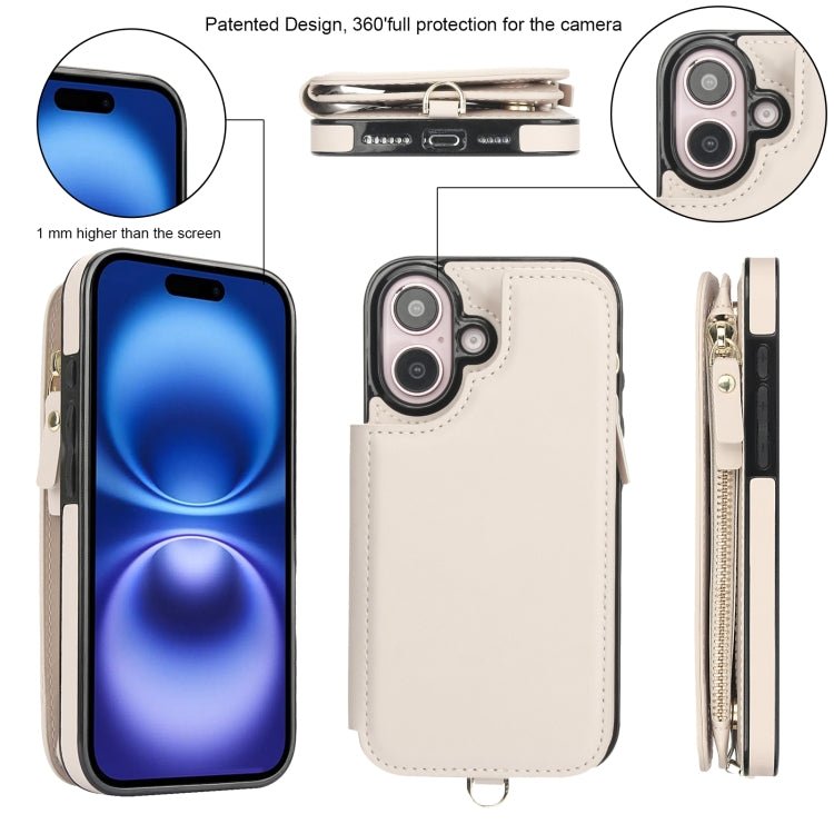 For iPhone 16 Plus Double Flap Zipper RFID Leather Phone Case with Short Lanyard(White) - iPhone 16 Plus Cases by buy2fix | Online Shopping UK | buy2fix