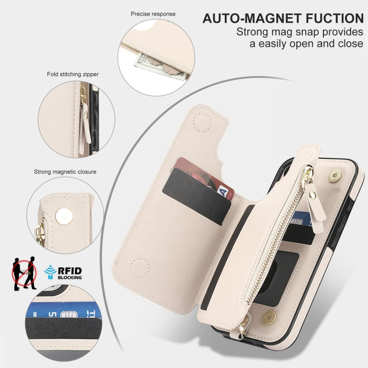 For iPhone 16 Plus Double Flap Zipper RFID Leather Phone Case with Short Lanyard(White) - iPhone 16 Plus Cases by buy2fix | Online Shopping UK | buy2fix