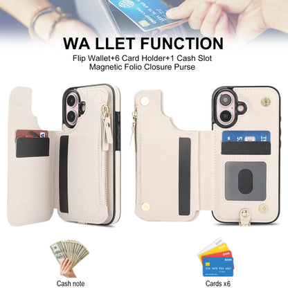 For iPhone 16 Plus Double Flap Zipper RFID Leather Phone Case with Short Lanyard(White) - iPhone 16 Plus Cases by buy2fix | Online Shopping UK | buy2fix