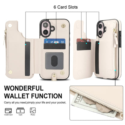 For iPhone 16 Plus Double Flap Zipper RFID Leather Phone Case with Short Lanyard(White) - iPhone 16 Plus Cases by buy2fix | Online Shopping UK | buy2fix