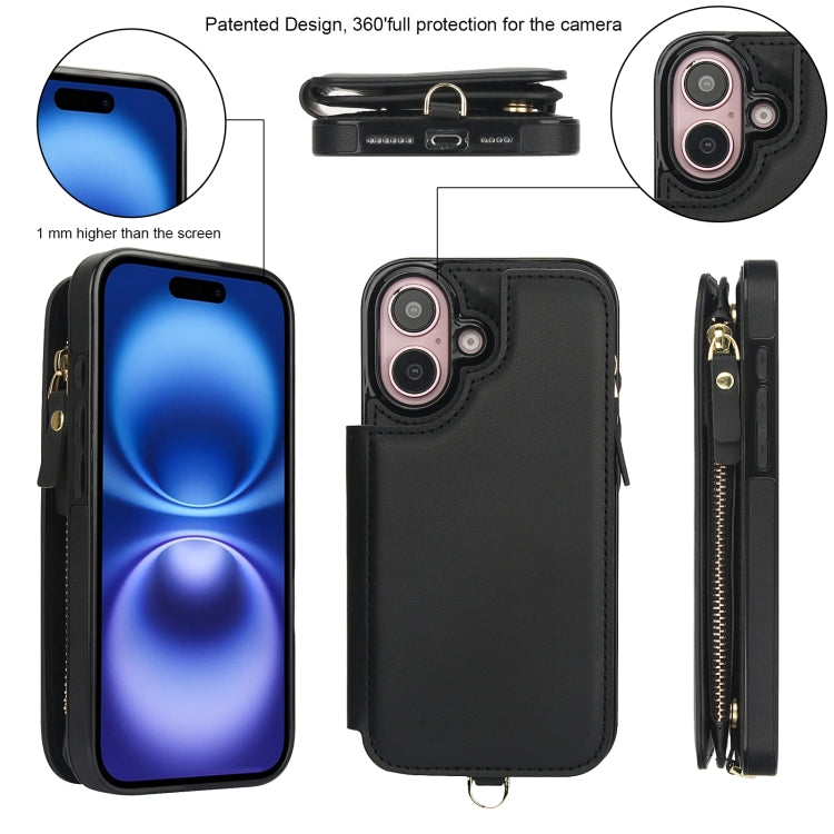 For iPhone 16 Plus Double Flap Zipper RFID Leather Phone Case with Short Lanyard(Black) - iPhone 16 Plus Cases by buy2fix | Online Shopping UK | buy2fix