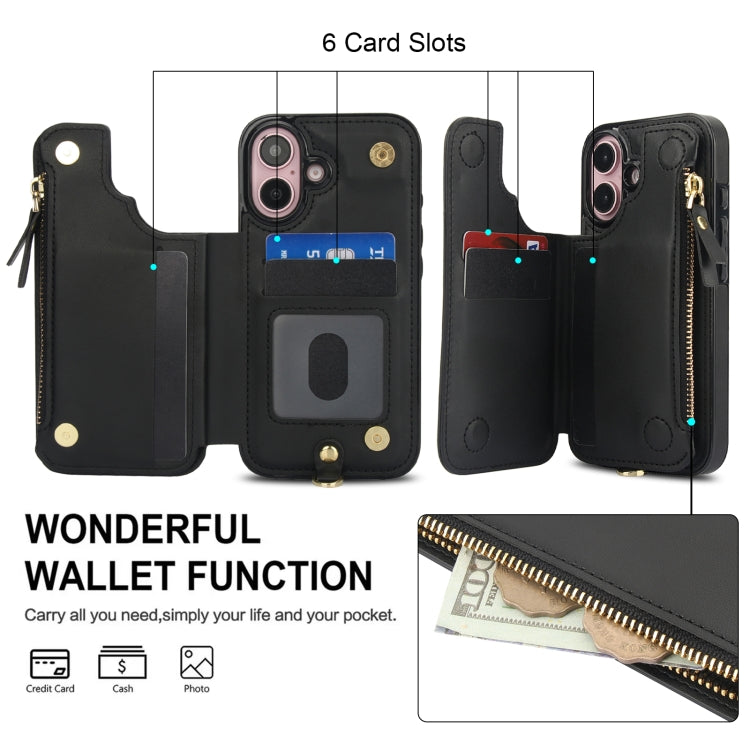 For iPhone 16 Plus Double Flap Zipper RFID Leather Phone Case with Short Lanyard(Black) - iPhone 16 Plus Cases by buy2fix | Online Shopping UK | buy2fix