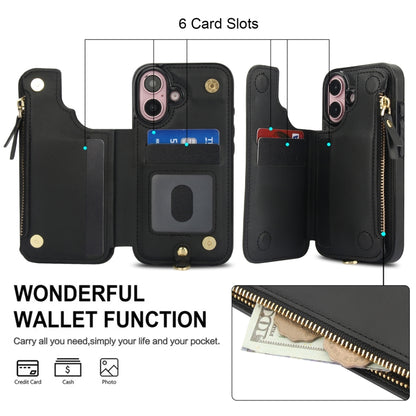 For iPhone 16 Plus Double Flap Zipper RFID Leather Phone Case with Short Lanyard(Black) - iPhone 16 Plus Cases by buy2fix | Online Shopping UK | buy2fix