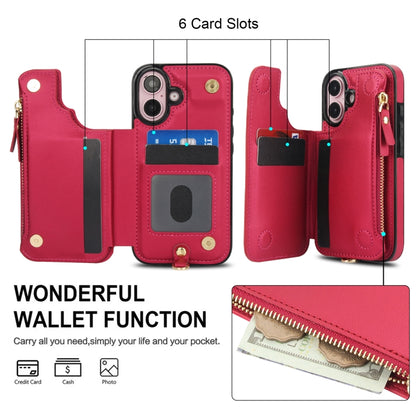 For iPhone 16 Plus Double Flap Zipper RFID Leather Phone Case with Short Lanyard(Red) - iPhone 16 Plus Cases by buy2fix | Online Shopping UK | buy2fix