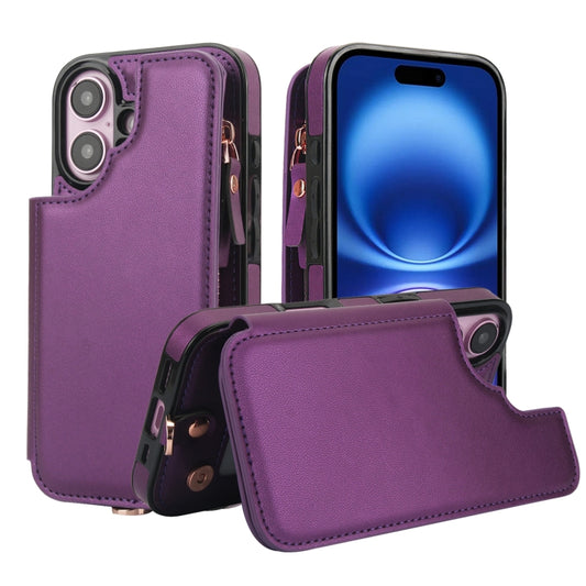 For iPhone 16 Plus Double Flap Zipper RFID Leather Phone Case with Short Lanyard(Dark Purple) - iPhone 16 Plus Cases by buy2fix | Online Shopping UK | buy2fix