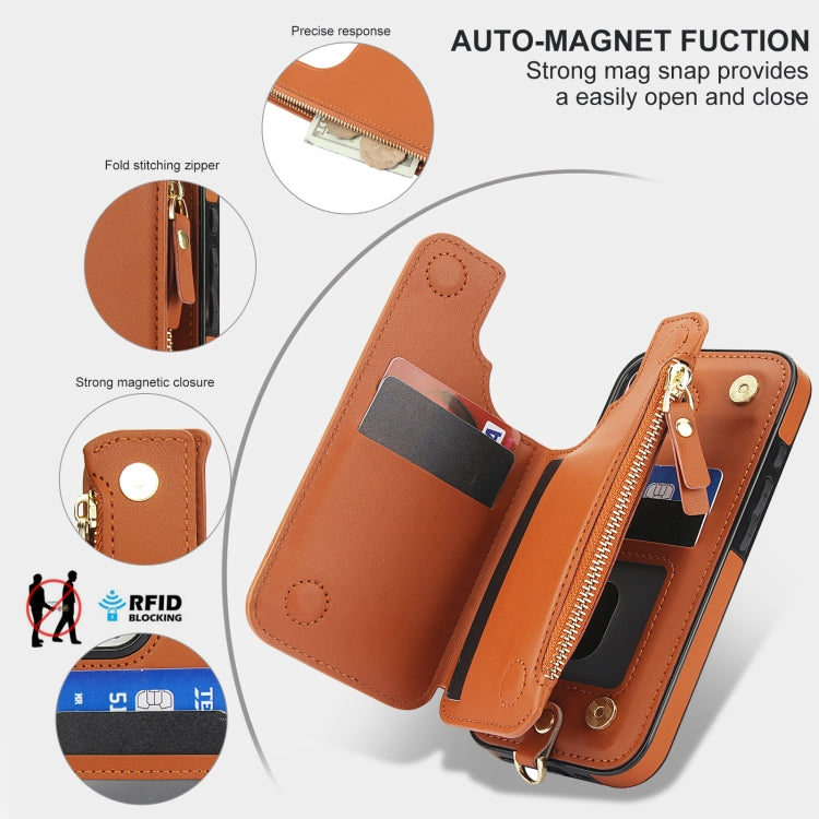For iPhone 16 Plus Double Flap Zipper RFID Leather Phone Case with Short Lanyard(Brown) - iPhone 16 Plus Cases by buy2fix | Online Shopping UK | buy2fix