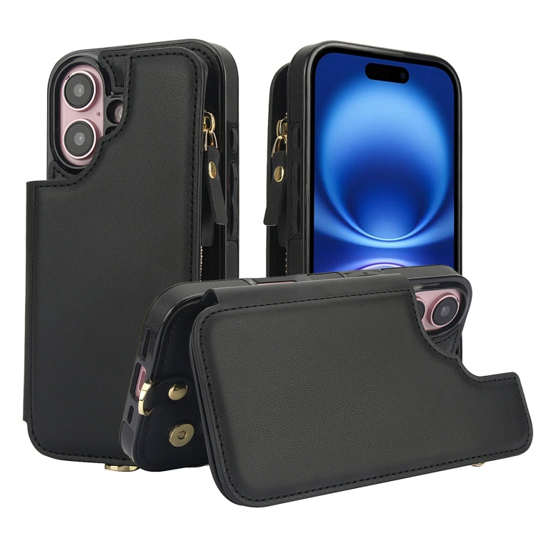 For iPhone 16 Double Flap Zipper RFID Leather Phone Case with Short Lanyard(Black) - iPhone 16 Cases by buy2fix | Online Shopping UK | buy2fix