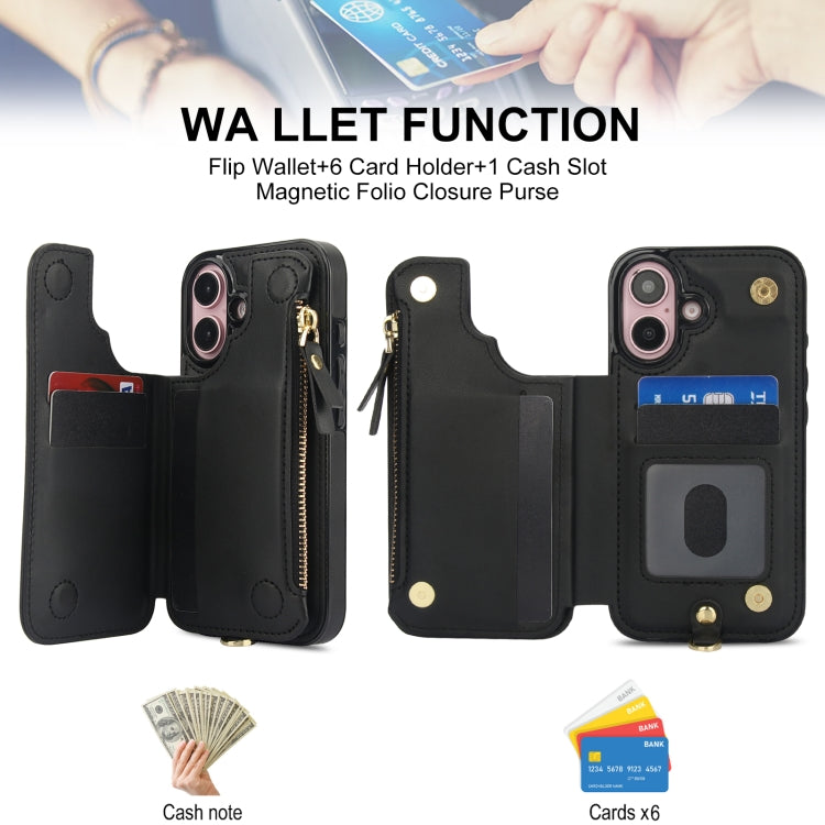 For iPhone 16 Double Flap Zipper RFID Leather Phone Case with Short Lanyard(Black) - iPhone 16 Cases by buy2fix | Online Shopping UK | buy2fix