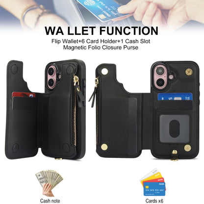 For iPhone 16 Double Flap Zipper RFID Leather Phone Case with Short Lanyard(Black) - iPhone 16 Cases by buy2fix | Online Shopping UK | buy2fix