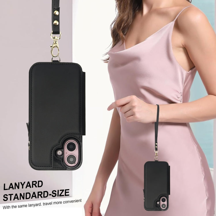 For iPhone 16 Double Flap Zipper RFID Leather Phone Case with Short Lanyard(Black) - iPhone 16 Cases by buy2fix | Online Shopping UK | buy2fix