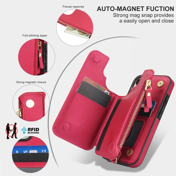 For iPhone 16 Double Flap Zipper RFID Leather Phone Case with Short Lanyard(Red) - iPhone 16 Cases by buy2fix | Online Shopping UK | buy2fix