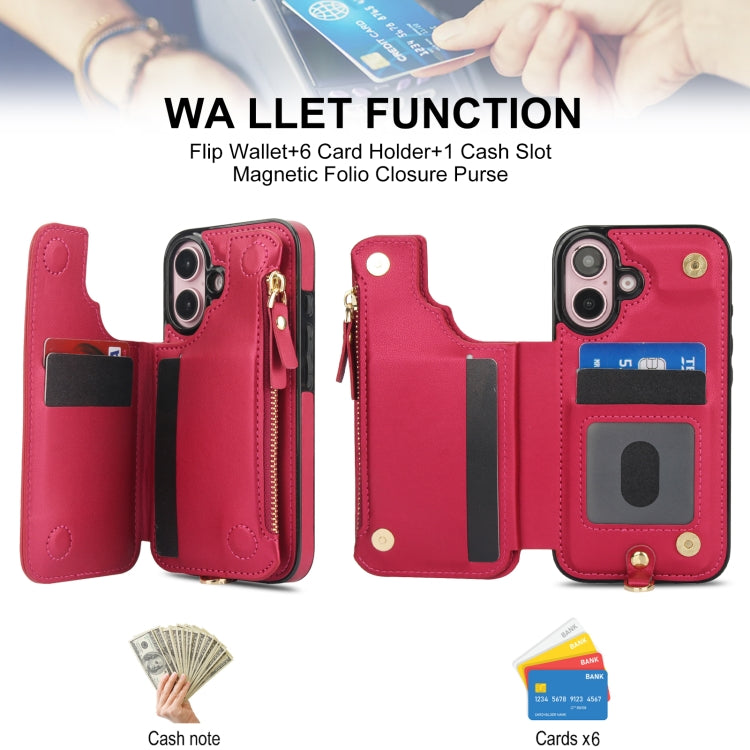 For iPhone 16 Double Flap Zipper RFID Leather Phone Case with Short Lanyard(Red) - iPhone 16 Cases by buy2fix | Online Shopping UK | buy2fix
