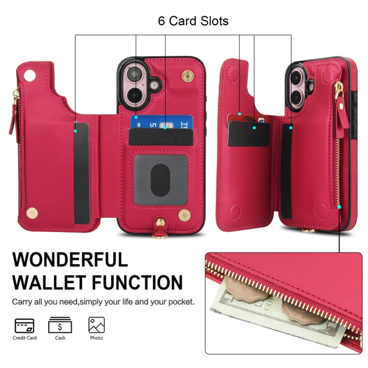 For iPhone 16 Double Flap Zipper RFID Leather Phone Case with Short Lanyard(Red) - iPhone 16 Cases by buy2fix | Online Shopping UK | buy2fix