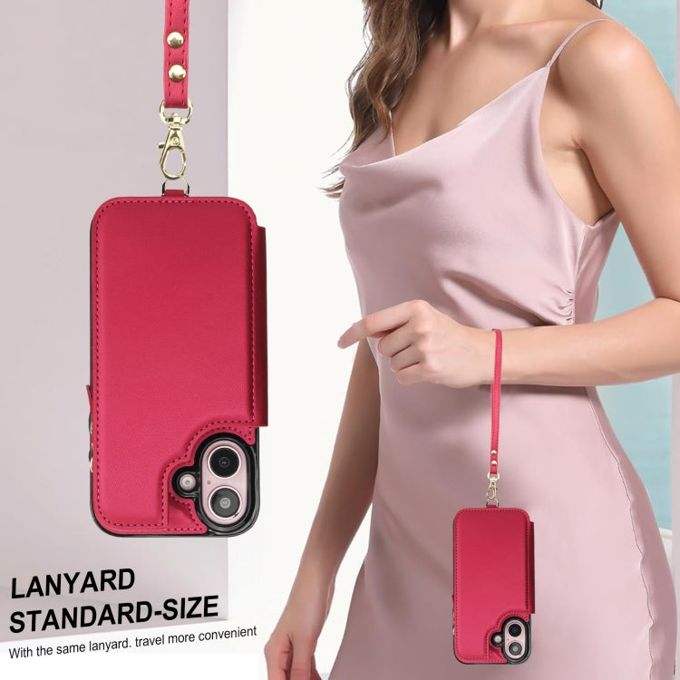 For iPhone 16 Double Flap Zipper RFID Leather Phone Case with Short Lanyard(Red) - iPhone 16 Cases by buy2fix | Online Shopping UK | buy2fix