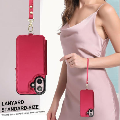 For iPhone 16 Double Flap Zipper RFID Leather Phone Case with Short Lanyard(Red) - iPhone 16 Cases by buy2fix | Online Shopping UK | buy2fix