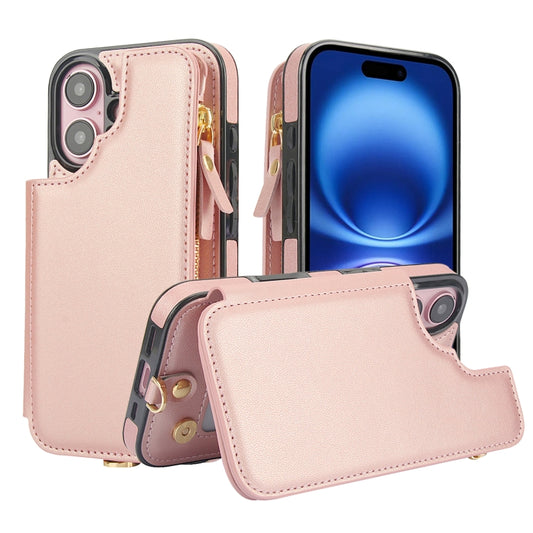 For iPhone 16 Double Flap Zipper RFID Leather Phone Case with Short Lanyard(Rose Gold) - iPhone 16 Cases by buy2fix | Online Shopping UK | buy2fix