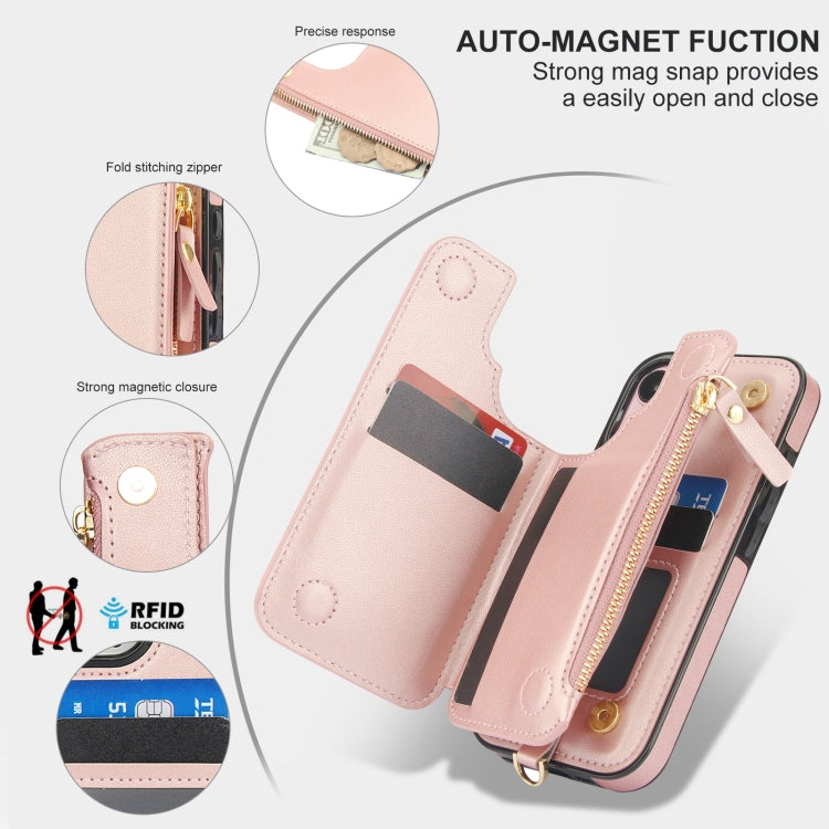 For iPhone 16 Double Flap Zipper RFID Leather Phone Case with Short Lanyard(Rose Gold) - iPhone 16 Cases by buy2fix | Online Shopping UK | buy2fix