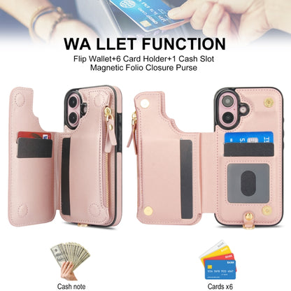 For iPhone 16 Double Flap Zipper RFID Leather Phone Case with Short Lanyard(Rose Gold) - iPhone 16 Cases by buy2fix | Online Shopping UK | buy2fix