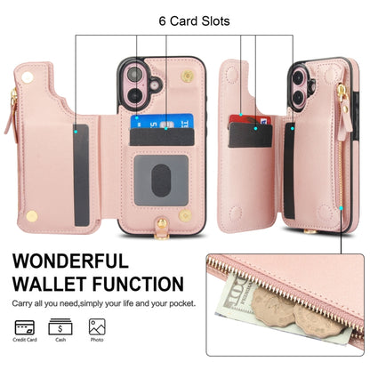 For iPhone 16 Double Flap Zipper RFID Leather Phone Case with Short Lanyard(Rose Gold) - iPhone 16 Cases by buy2fix | Online Shopping UK | buy2fix