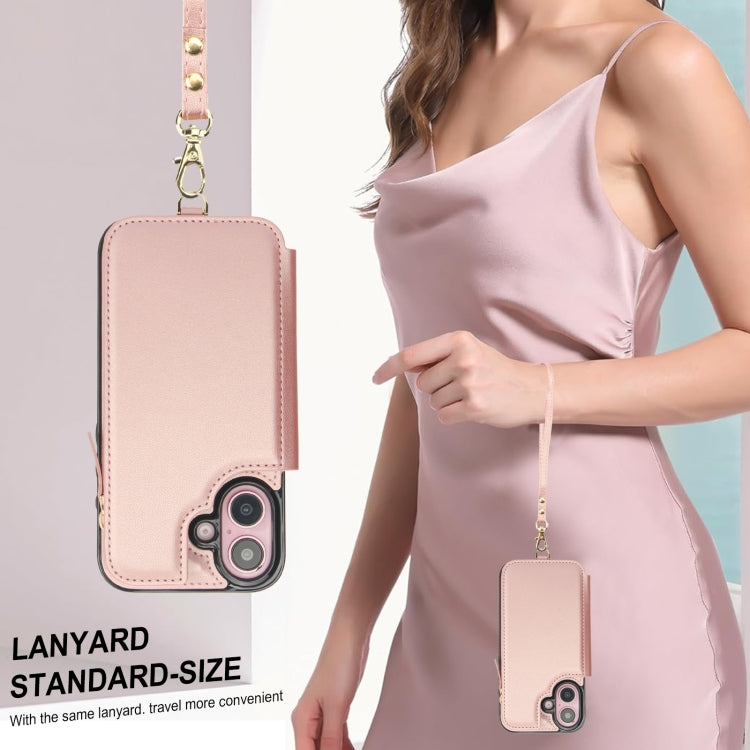 For iPhone 16 Double Flap Zipper RFID Leather Phone Case with Short Lanyard(Rose Gold) - iPhone 16 Cases by buy2fix | Online Shopping UK | buy2fix