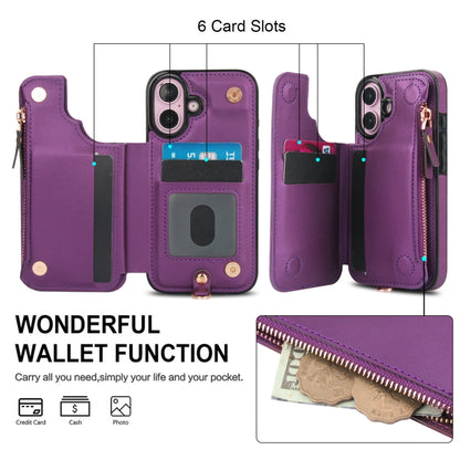 For iPhone 16 Double Flap Zipper RFID Leather Phone Case with Short Lanyard(Dark Purple) - iPhone 16 Cases by buy2fix | Online Shopping UK | buy2fix