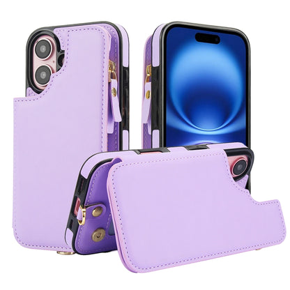 For iPhone 16 Double Flap Zipper RFID Leather Phone Case with Short Lanyard(Light Purple) - iPhone 16 Cases by buy2fix | Online Shopping UK | buy2fix