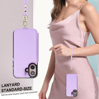 For iPhone 16 Double Flap Zipper RFID Leather Phone Case with Short Lanyard(Light Purple) - iPhone 16 Cases by buy2fix | Online Shopping UK | buy2fix