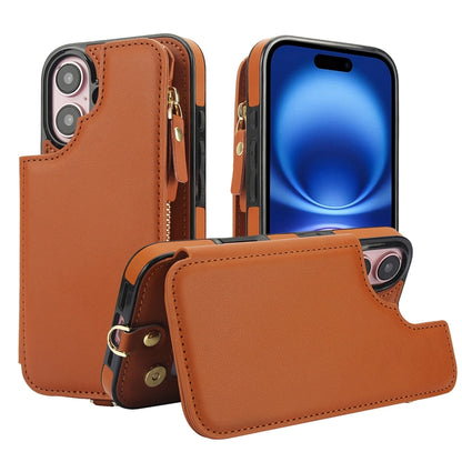 For iPhone 16 Double Flap Zipper RFID Leather Phone Case with Short Lanyard(Brown) - iPhone 16 Cases by buy2fix | Online Shopping UK | buy2fix