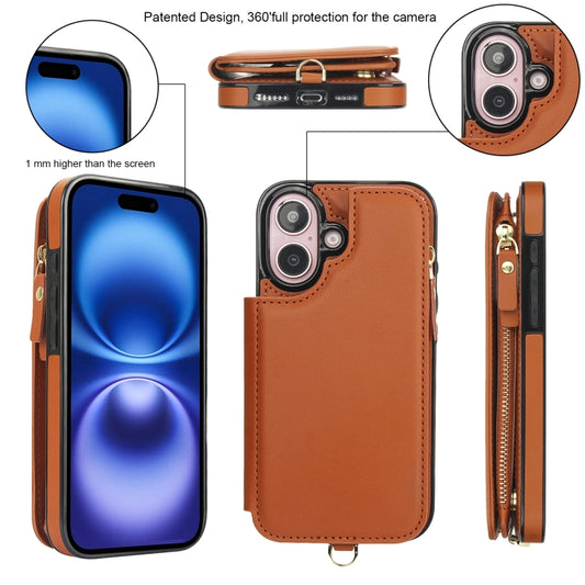 For iPhone 16 Double Flap Zipper RFID Leather Phone Case with Short Lanyard(Brown) - iPhone 16 Cases by buy2fix | Online Shopping UK | buy2fix