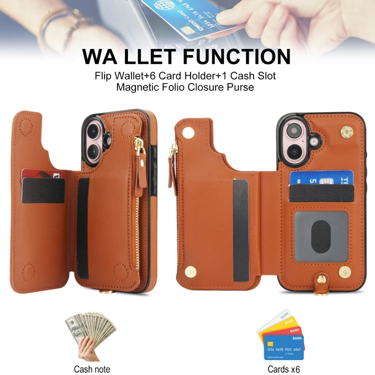 For iPhone 16 Double Flap Zipper RFID Leather Phone Case with Short Lanyard(Brown) - iPhone 16 Cases by buy2fix | Online Shopping UK | buy2fix