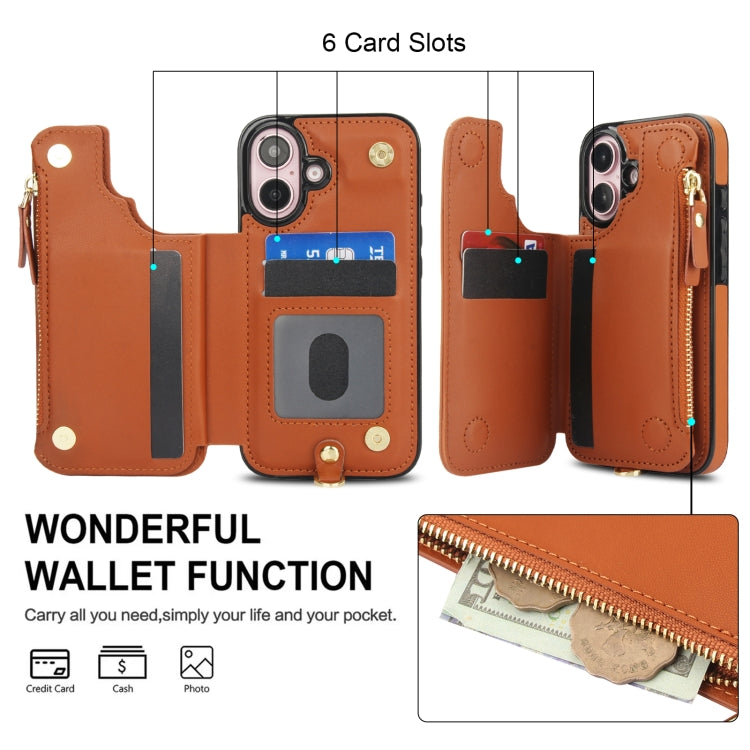 For iPhone 16 Double Flap Zipper RFID Leather Phone Case with Short Lanyard(Brown) - iPhone 16 Cases by buy2fix | Online Shopping UK | buy2fix
