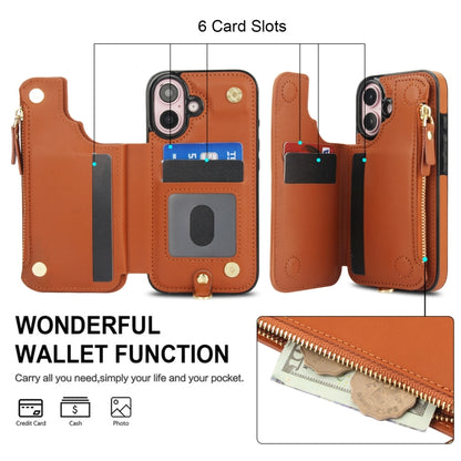 For iPhone 16 Double Flap Zipper RFID Leather Phone Case with Short Lanyard(Brown) - iPhone 16 Cases by buy2fix | Online Shopping UK | buy2fix