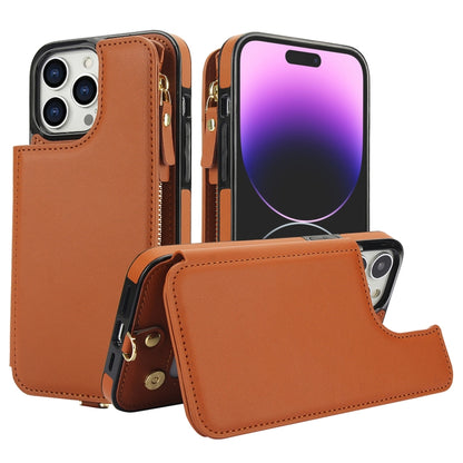 For iPhone 15 Pro Double Flap Zipper RFID Leather Phone Case with Short Lanyard(Brown) - iPhone 15 Pro Cases by buy2fix | Online Shopping UK | buy2fix