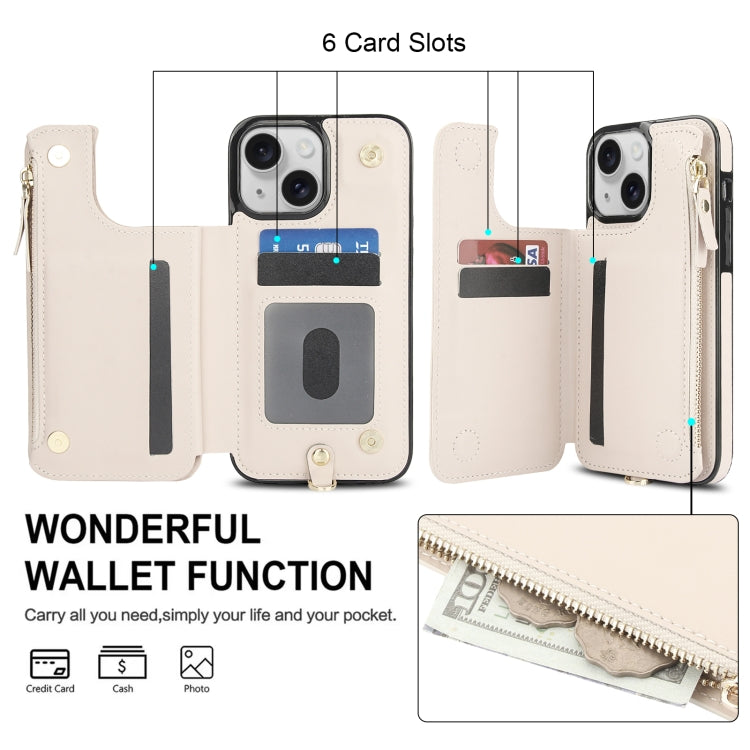 For iPhone 15 Plus Double Flap Zipper RFID Leather Phone Case with Short Lanyard(White) - iPhone 15 Plus Cases by buy2fix | Online Shopping UK | buy2fix