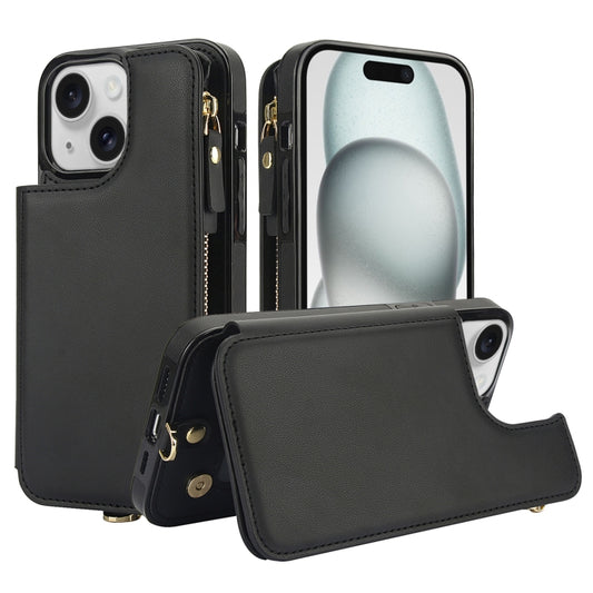 For iPhone 15 Plus Double Flap Zipper RFID Leather Phone Case with Short Lanyard(Black) - iPhone 15 Plus Cases by buy2fix | Online Shopping UK | buy2fix
