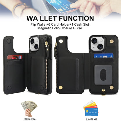 For iPhone 15 Plus Double Flap Zipper RFID Leather Phone Case with Short Lanyard(Black) - iPhone 15 Plus Cases by buy2fix | Online Shopping UK | buy2fix