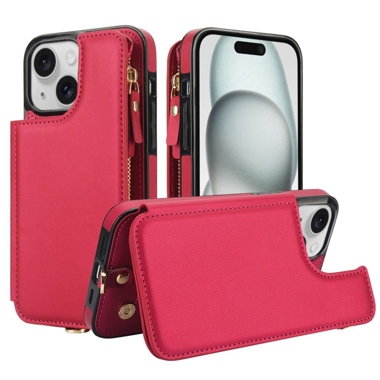 For iPhone 15 Plus Double Flap Zipper RFID Leather Phone Case with Short Lanyard(Red) - iPhone 15 Plus Cases by buy2fix | Online Shopping UK | buy2fix