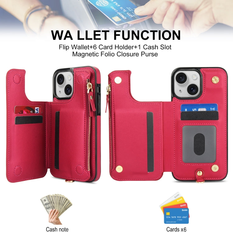 For iPhone 15 Plus Double Flap Zipper RFID Leather Phone Case with Short Lanyard(Red) - iPhone 15 Plus Cases by buy2fix | Online Shopping UK | buy2fix