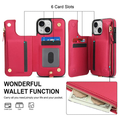 For iPhone 15 Plus Double Flap Zipper RFID Leather Phone Case with Short Lanyard(Red) - iPhone 15 Plus Cases by buy2fix | Online Shopping UK | buy2fix