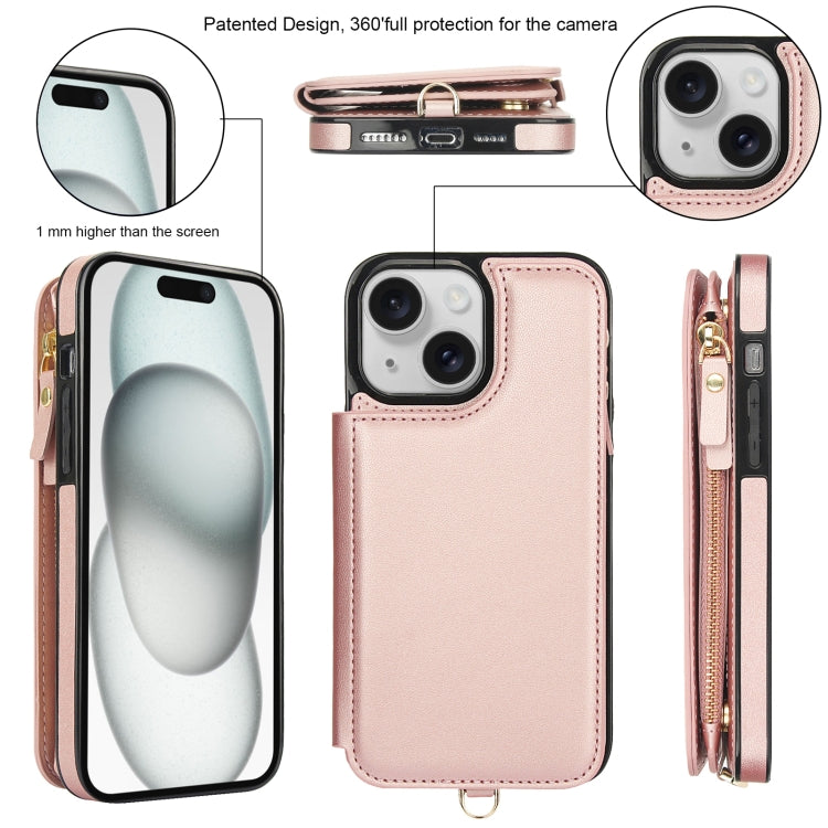 For iPhone 15 Plus Double Flap Zipper RFID Leather Phone Case with Short Lanyard(Rose Gold) - iPhone 15 Plus Cases by buy2fix | Online Shopping UK | buy2fix