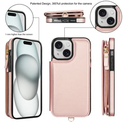 For iPhone 15 Plus Double Flap Zipper RFID Leather Phone Case with Short Lanyard(Rose Gold) - iPhone 15 Plus Cases by buy2fix | Online Shopping UK | buy2fix