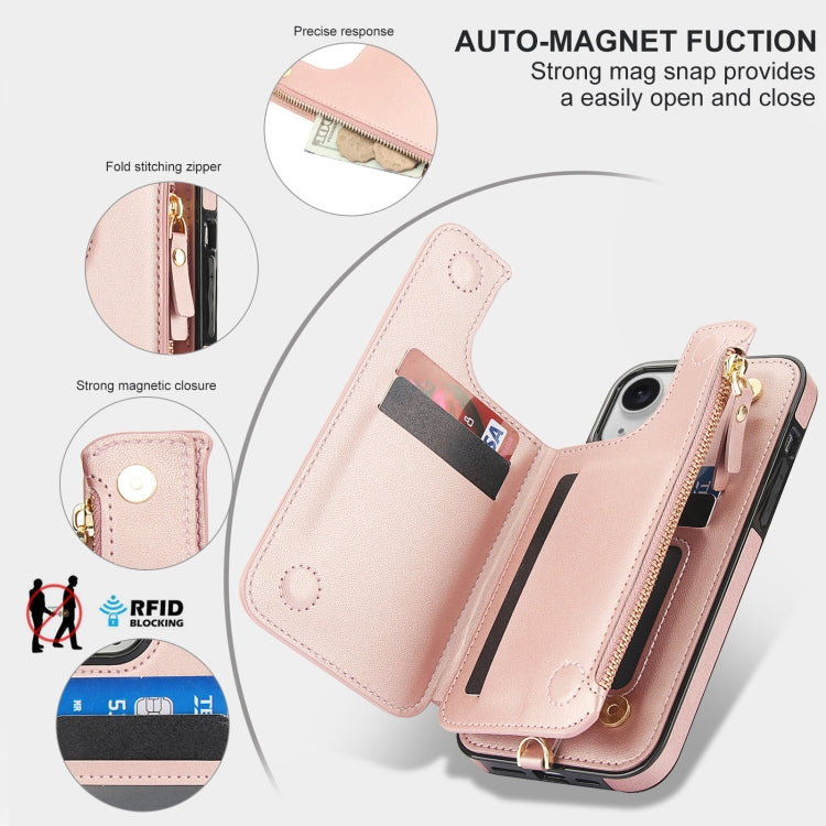 For iPhone 15 Plus Double Flap Zipper RFID Leather Phone Case with Short Lanyard(Rose Gold) - iPhone 15 Plus Cases by buy2fix | Online Shopping UK | buy2fix