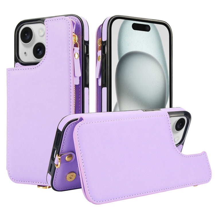 For iPhone 15 Plus Double Flap Zipper RFID Leather Phone Case with Short Lanyard(Light Purple) - iPhone 15 Plus Cases by buy2fix | Online Shopping UK | buy2fix