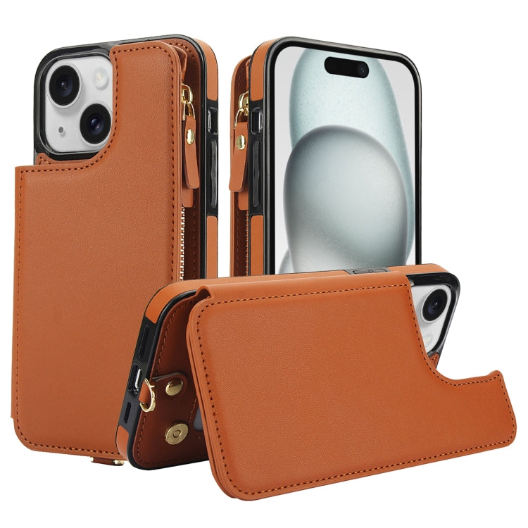 For iPhone 15 Plus Double Flap Zipper RFID Leather Phone Case with Short Lanyard(Brown) - iPhone 15 Plus Cases by buy2fix | Online Shopping UK | buy2fix