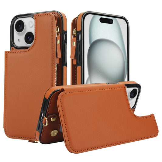 For iPhone 15 Plus Double Flap Zipper RFID Leather Phone Case with Short Lanyard(Brown) - iPhone 15 Plus Cases by buy2fix | Online Shopping UK | buy2fix