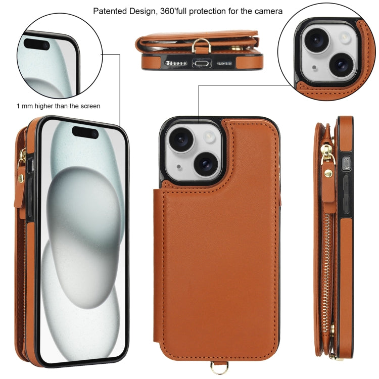 For iPhone 15 Plus Double Flap Zipper RFID Leather Phone Case with Short Lanyard(Brown) - iPhone 15 Plus Cases by buy2fix | Online Shopping UK | buy2fix